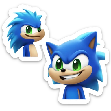 Sonic the Hedgehog,a blue hedgehog with green eyes and blue fur he has 3 spines in the middle 2 up and down he has a smirk and a black round nose sticker