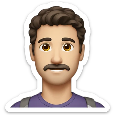 A young Caucasian man with dark brown eyes, almond-shaped eyes, short dark brown hair, and a small dark brown beard with a more prominent mustache. sticker