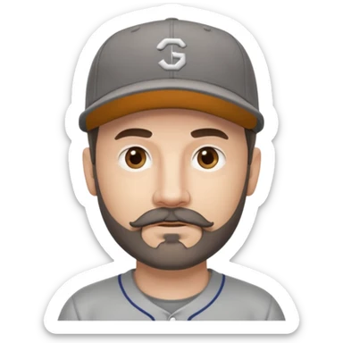 white male with dark brown goatee beard and moustache with grey tones wearing a grey baseball cap back to front with hazel eyes sticker