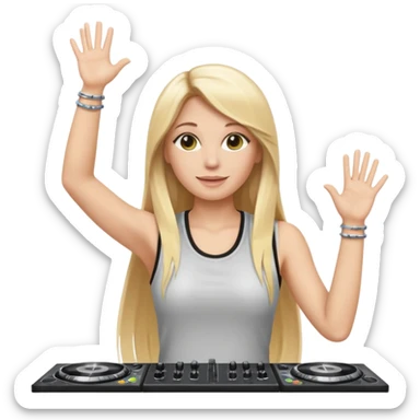 I want a white female dj animated gif emoji with long straight blonde hair putting hands up in the air. Wearing a tight no sleeve top  sticker