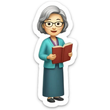 Standing older Chinese lady teacher held book sticker