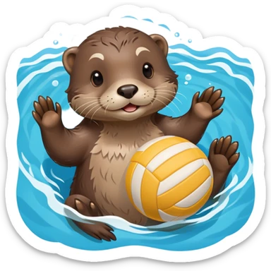 adorable otter floating on clearly visible blue water with waves, holding a volleyball with both paws above water sticker