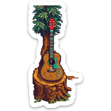 pixel art guitar resting on a tree stump, retro style, warm muted colors, subtle grain, nostalgic aesthetic sticker