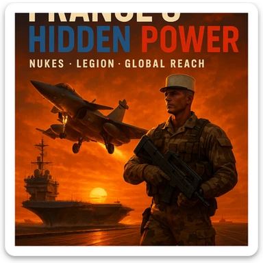 Dramatic 8K scene of a Rafale jet taking off from a French carrier at sunset with an orange glow. Foreground features a Foreign Legionnaire in desert camouflage with a futuristic weapon. Bold tricolor text: 'FRANCE’S HIDDEN POWER'. Subtext: 'Nukes • Legion • Global Reach'. Epic, cinematic. sticker