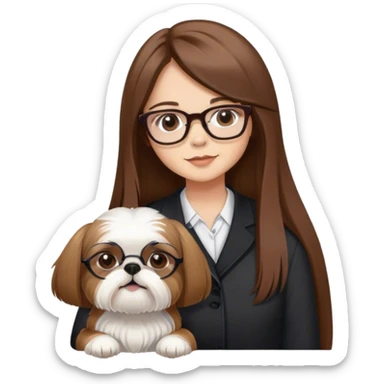 Uma menina de cabelos longos liso 3 castanho,pele clara, olhos castanhos mel, com oculos e um cachorro da raça shiatsu  sticker