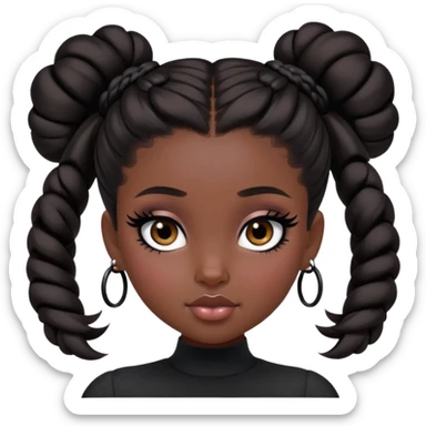 pretty bratz girl, dark brown space buns, dark brown eyes, black eyeliner, deep black skin sticker