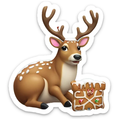 Fat deer with santa hat eating a living gingerbread man in the snow sticker