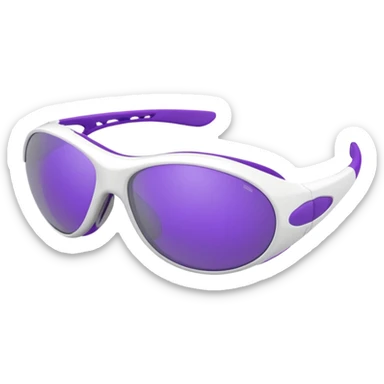 3D render of futuristic sports sunglasses, oval purple tinted lenses, white glossy frame, large gray ventilated nose guard, detailed reflections, realistic materials, high detail, isolated on transparent background, 4K resolution sticker