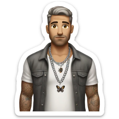 Full body image  of a Man with tattoos, brown hair and grey highlights, thick silver Cuban necklace that has big bug eyes looking to the side curiously sticker