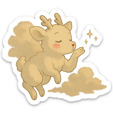 vanilla-colored cloud doe with rosy cheeks, floating, blowing a kiss with sparkles, soft and dreamy ghibli style sticker