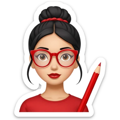 Morena girl with black hair in a pencil that creates a high bun hairstyle. She has red glasses sticker