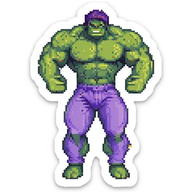 Hulk, green skin, muscular, purple pants, flexing arms, pixel art style sticker