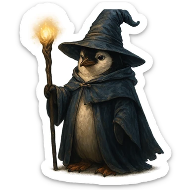 a penguin dressed as a wizard, holding a staff, magical hat, fantasy style sticker
