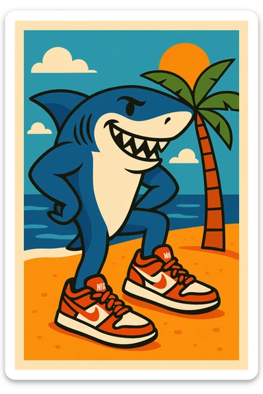 modern illustration style shark wearing Nike sports sneakers, posing on the beach sticker