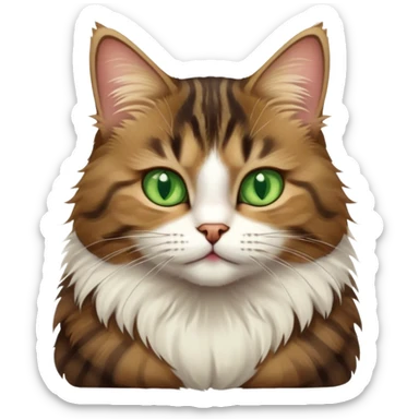 Brown, white, and black tabby cat with green eyes sitting to show its white belly, cute facial expression sticker