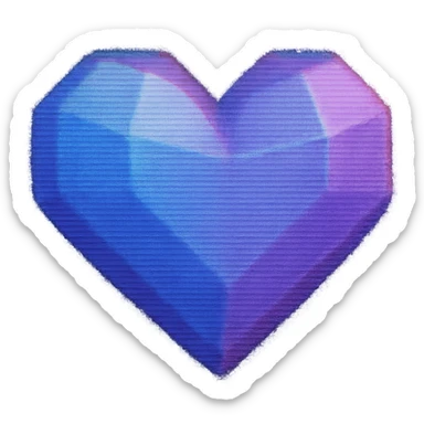Low-poly 3D heart icon with a cute but vintage feel, slightly pixelated edges, CRT glow effect, blue-to-purple gradient with subtle scanline texture, VHS distortion, color bleed, slight blur, static flicker sticker