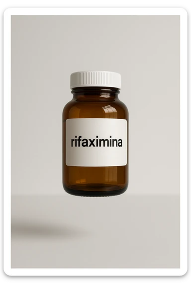 barattolo di medicinale con la scritta "rifaximina" sull'etichetta fluttua in aria, iperrealistico 4k sticker
