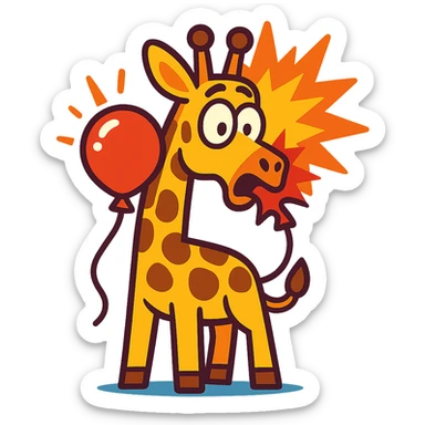 giraffe popping balloon in surprise expression, vibrant-toon style sticker