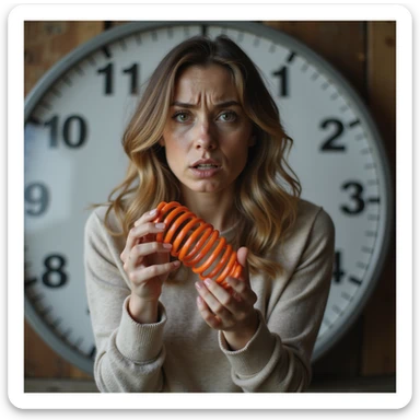 adult woman, photorealistic, holding a toy spring (slinky) in front of a scale, frustrated expression, natural light, home background, concept of yo-yo effect sticker