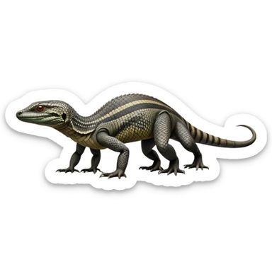 cinematic-monitor-lizard-realistic-full-body-standing on all fours-emoji,-long-powerful-tail-dragging-slightly-behind,-sleek-scaled-body-textured-with-rich-patterns and stripes,-head-tilted-dramatically,-dark-intense-eyes-observing-its-surroundings,-simplified-yet-realistic-focused-features,-highly-detailed,-glowing-with-an-almost-sarcastic-glow sticker