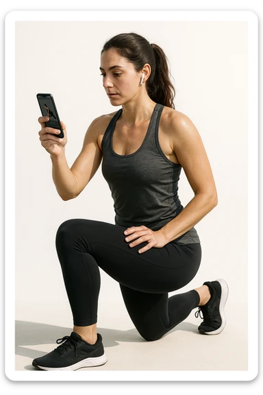 donna su sfondo isolato che fa workout tramite app fitness. in italiano sticker