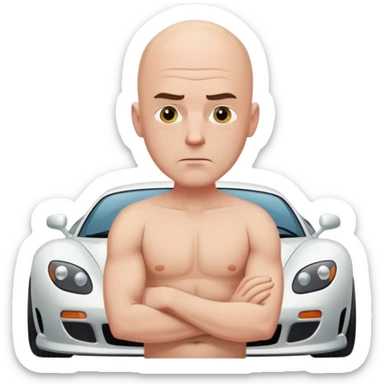 Bald frowning Man in speedo in front of sports car sticker