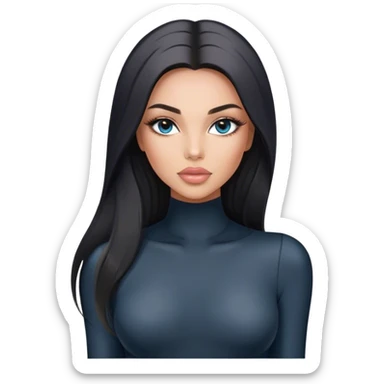 Glamours, tanned, very beautiful girl, with big pump peach-beige-rose lips, long long lashes, black straight smooth silky long hair, straight parting hair, blue-grey eyes in black long-sleeves bodysuit sticker