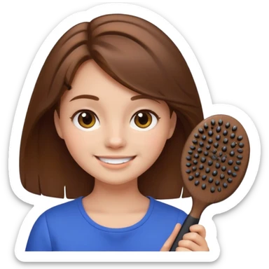 smiling girl with brown hair holding a hairbrush, minimal details, round face, iPhone emoji style sticker
