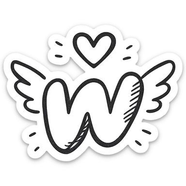 plump juicy Wattpad logo 'w' with bold outline, stylized shadows and highlights, decorated with pair of wings and heart above the logo, no background sticker