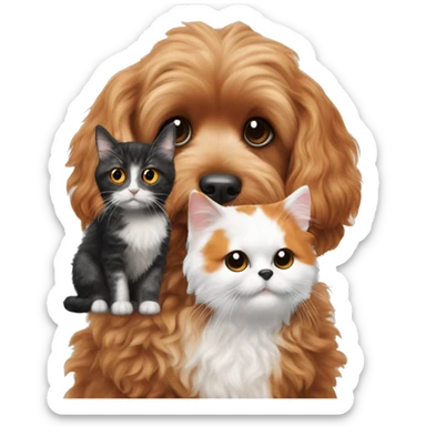 cavapoo dog next to a cat with black orange white colored fur sticker