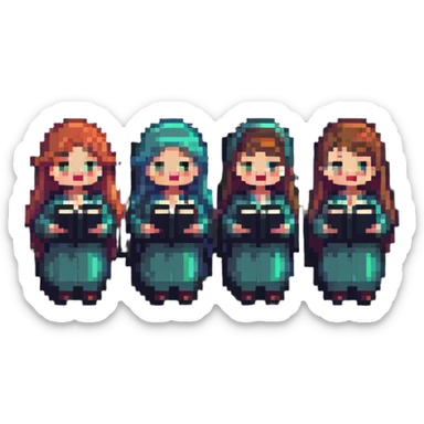 acappella group of four people singing, pixel art style sticker
