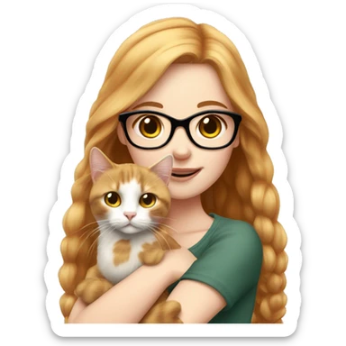White skin strawberry-blonde haired girl with glasses holding long-haired calico cat sticker