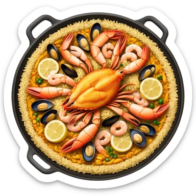 Cinematic Realistic Paella Dish Emoji, depicted as a vibrant, aromatic rice dish loaded with seafood, chicken, and saffron rendered with rich textures and dynamic, warm lighting. sticker