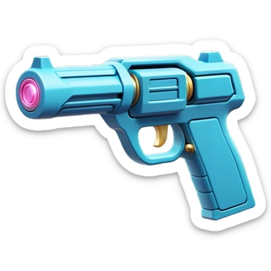 Clash of Clans aesthetic: Cinematic Playful 3D Isometric Laser Gun Emoji, rendered in a 3D vector-style similar to standard emojis with minimal shading and bold, simplified shapes. A compact, distinct form with signature details, softly glowing with a futuristic sci-fi warfare charm. Simplified yet unmistakably iconic, highly detailed and consistent, glowing with a soft radiance and high shine. Stylized with a touch of high-tech brilliance and a soft glowing outline, capturing the essence of a beloved gaming relic with a friendly, playful manner! sticker