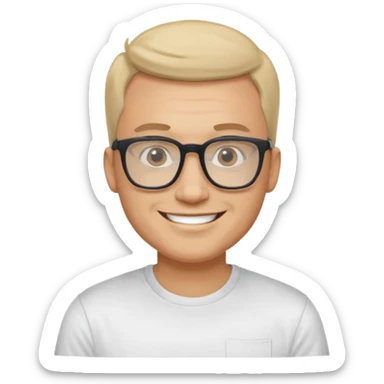 portrait of adult man, wearing a t-shirt, square glasses, smiling face sticker