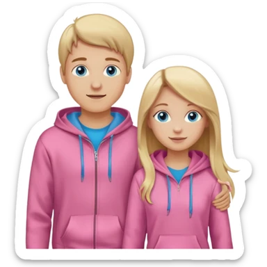 full-length happy couple, girl with long blonde hair and blue eyes in pink hoodie, boy with brown hair in gray hoodie sticker