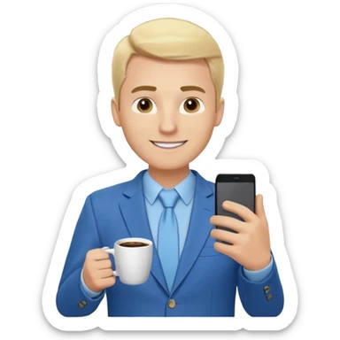 Confident and outgoing male entrepreneur, Caucasian features, blonde hair, big friendly smile, expressive eyes, defined eyebrows, wearing a blue blazer over a light blue shirt, holding a smartphone in one hand and a coffee cup in the other, waist-up, front-facing sticker