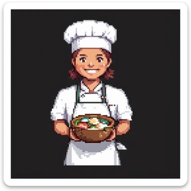 Portrait of a smiling baker wearing a chef hat and a clean apron, holding a large mixing bowl, skeuomorphism style sticker