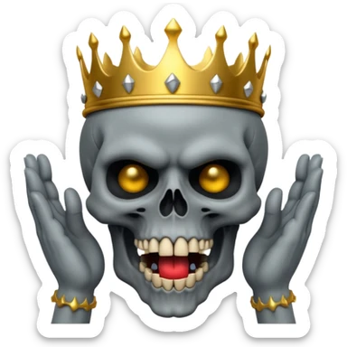 Demonic 3D skull holding its head by its two hand in shock, mouth open, wearing a golden crown, dark horror vibe sticker