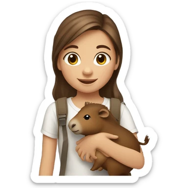 happy girl young girl with brown hair holding capybara  sticker