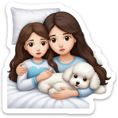 One Brunette Long hair girl sick in bed with bichon frise dog sticker