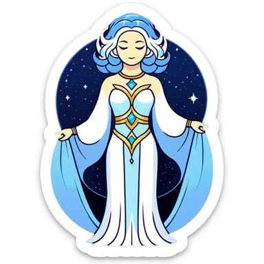 fullbody universe goddess Sophia, Ethereal Light Being, Made of starlight and fractals, Glowing white/gold skin with flowing translucent robes, Hair blue like galaxy mist, Jewelry made of stars and crystals sticker