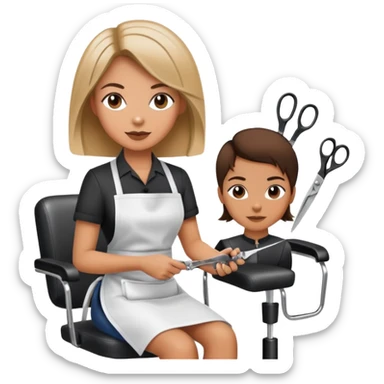 woman in apron sitting in salon chair, female hairstylist behind her with scissors sticker