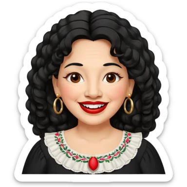 60 yr old Mexican woman, slightly chubby, wavy/curly long black hair, red lipstick, big smile, white teeth, brown eyes, hoop earings, side part to hair, round face, pretty white dress, hair side swept, big hoop earing sticker