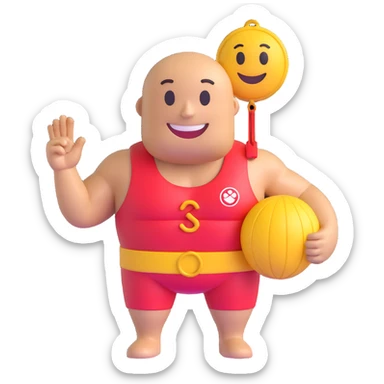 Create a 3D smiley emoji with a round face, muscular lifeguard upper body only, wearing a whistle around the neck and the upper part of a swim suit, smiling face, transparent background. sticker