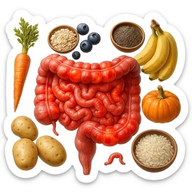intestino umano anatomico infiammato con carota, bowl di avena, mirtilli, bowl di semi di chia, patate, banane, zucca, bowl di riso che gli fluttuano intorno , iperrealistico 4k sticker