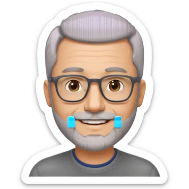54 year old man, short shaved grey hair, beard stubble, glasses sticker