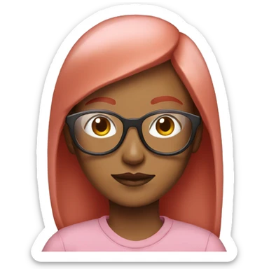 woman with red hair and bangs, with clear glasses and a pink sweatshirt sticker