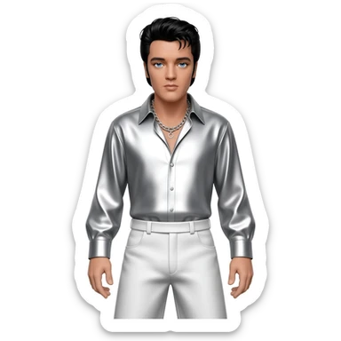 Elvis Presley with blue eyes, black hair, white metallic shirt, white metallic baggy pants, silver necklace sticker