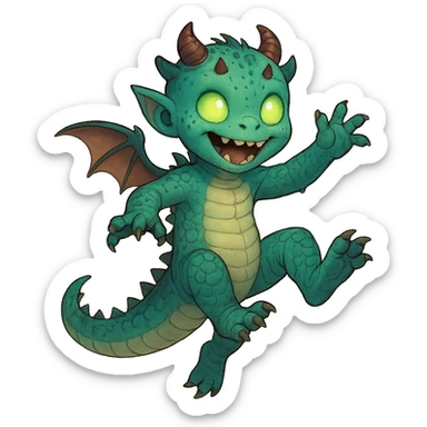 playful kid with mostly dragon features including scales, tail, tiny wings, some demon aspects like small horns and sharp teeth, and a hint of alien with glowing eyes and odd skin tone sticker